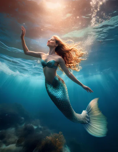 Beautiful Mermaid Swimming Underwater In The Ocean