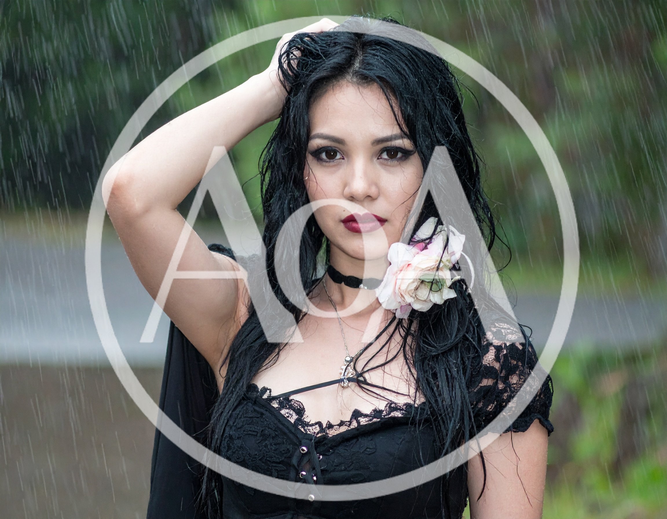 Gothic Woman With Flower In Rain