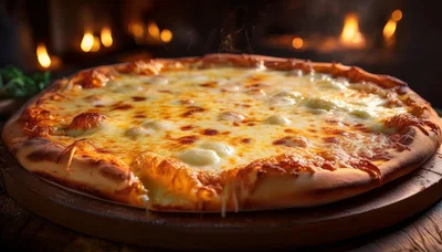 Freshly Baked Cheese Pizza On A Wooden Board