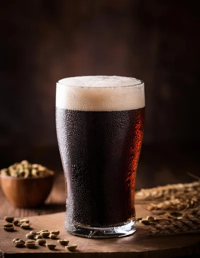 Cold Glass Of Dark Stout Beer With Coffee Beans