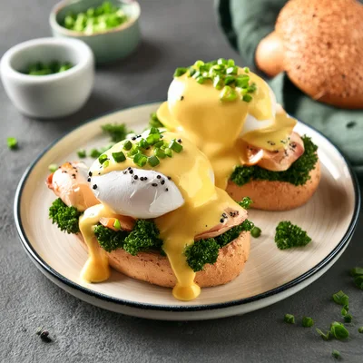 Two Eggs Benedict With Hollandaise Sauce And Chives