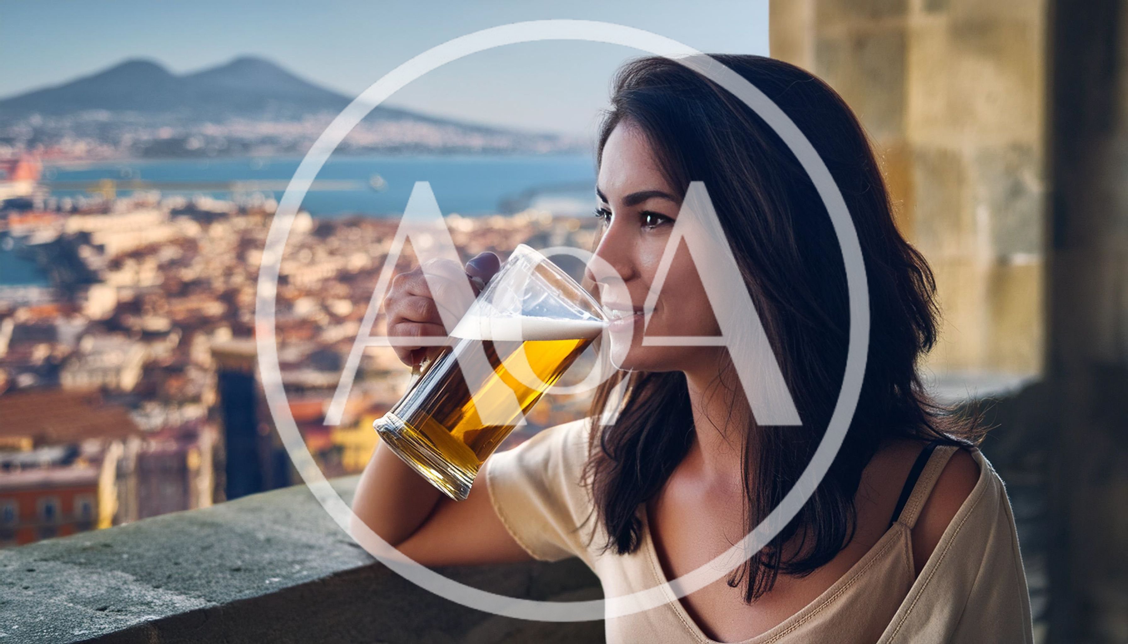 Young Woman Drinking Beer Overlooking Naples Cityscape