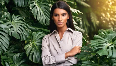 Portrait Of A Beautiful Woman Among Tropical Leaves