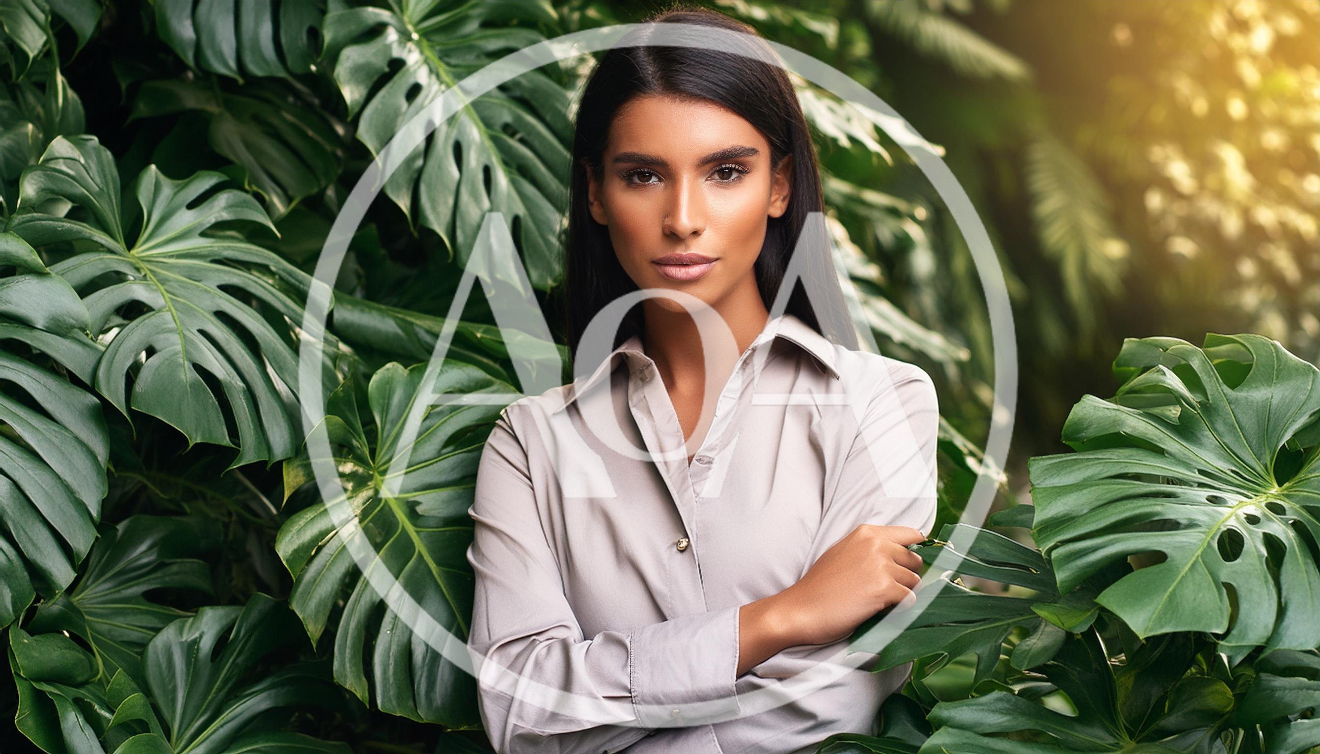 Portrait Of A Beautiful Woman Among Tropical Leaves