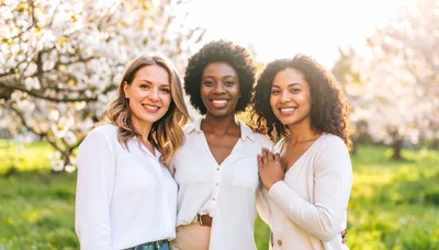 Three Diverse Women Smiling Together in a Spring Garden