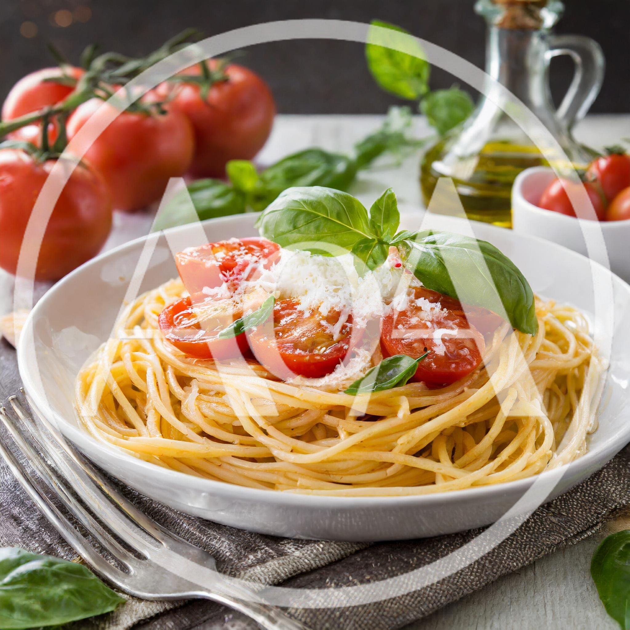 Spaghetti Pasta With Cherry Tomatoes And Fresh Basil