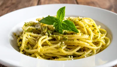 Spaghetti With Pesto Sauce And Fresh Basil