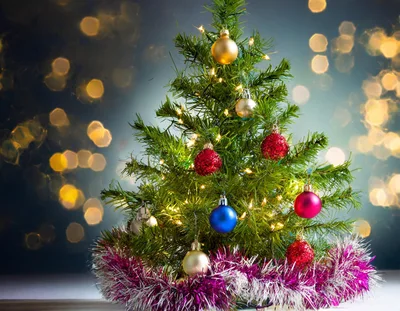 Small Decorated Christmas Tree With Bokeh Lights