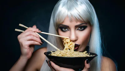 Woman With Platinum Blonde Hair Eating Noodles With Chopsticks