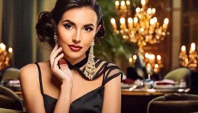 Elegant Woman Wearing Statement Jewelry In Luxury Restaurant