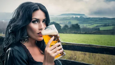 Beautiful Woman Drinking Beer Outdoors In The Rain