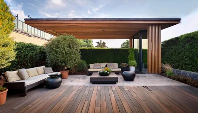 Modern Outdoor Patio Lounge With Wooden Pergola