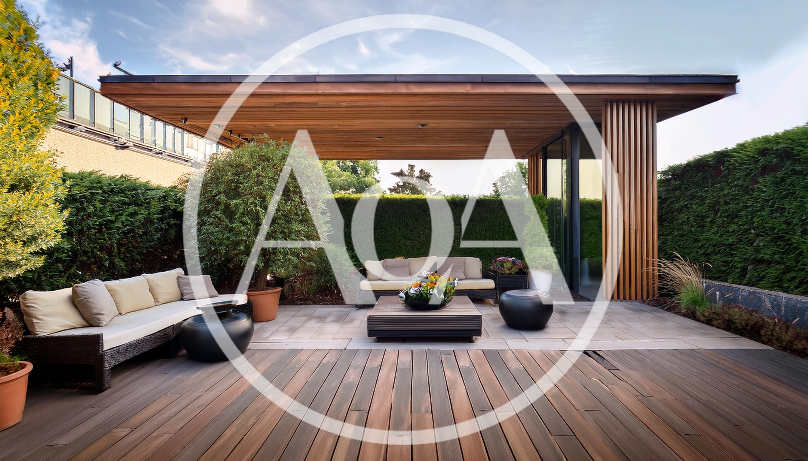 Modern Outdoor Patio Lounge With Wooden Pergola
