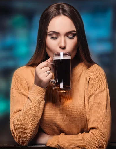 Young Woman Drinking Dark Beer From A Glass Mug