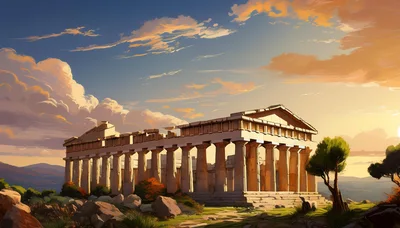 Ancient Greek Temple Ruins At Sunset