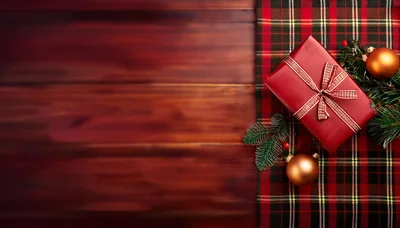 Christmas Gift Box on Plaid Fabric and Wood