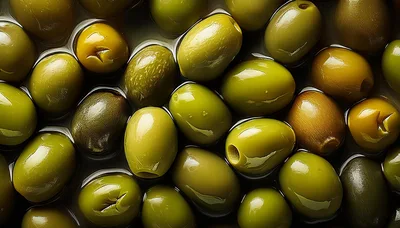Top Down View Of Fresh Green Olives In Brine
