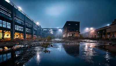 Abandoned Industrial Factory Complex At Night
