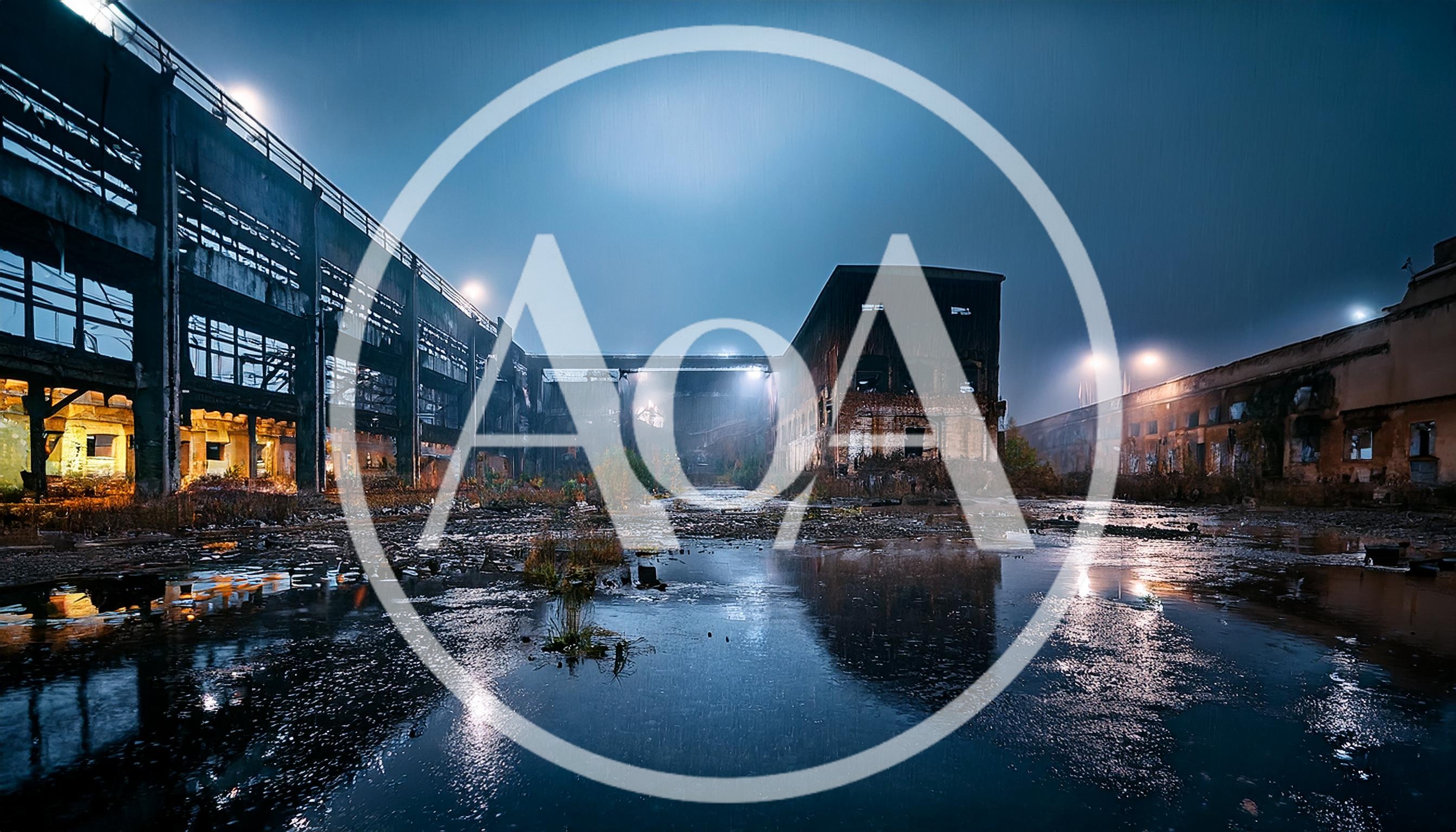 Abandoned Industrial Factory Complex At Night