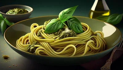 Spaghetti With Pesto Sauce And Fresh Basil Leaves