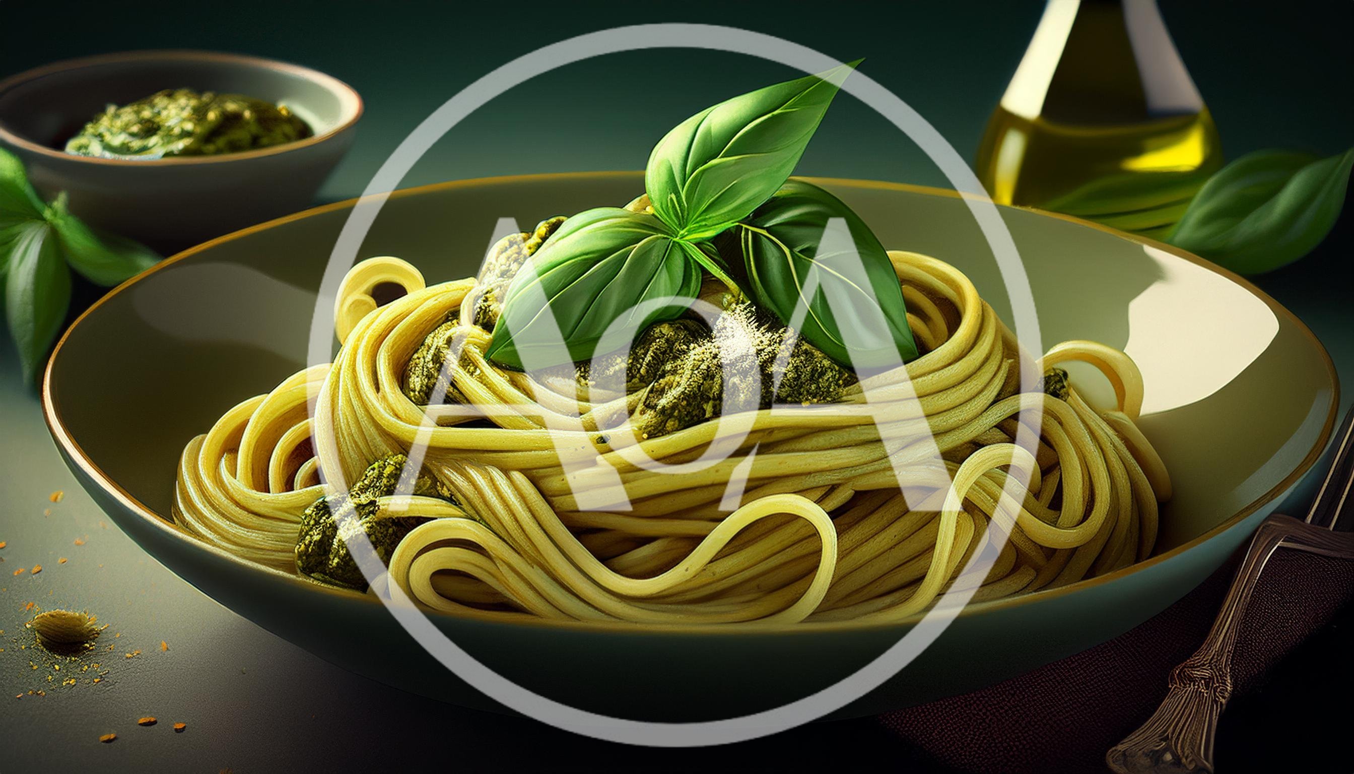 Spaghetti With Pesto Sauce And Fresh Basil Leaves