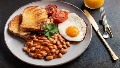 Traditional English Breakfast Plate With Toast And Beans
