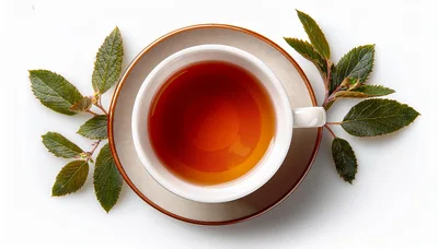 Top View Of Tea Cup With Green Leaves
