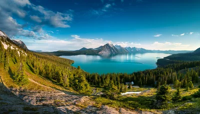 Panoramic View Of Turquoise Lake And Snowy Mountains