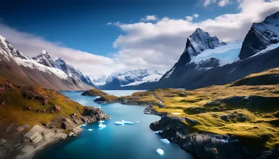 Glacial Lake Surrounded By Snow Capped Mountains
