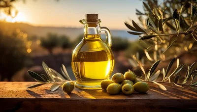 Glass Bottle Of Olive Oil With Fresh Olives