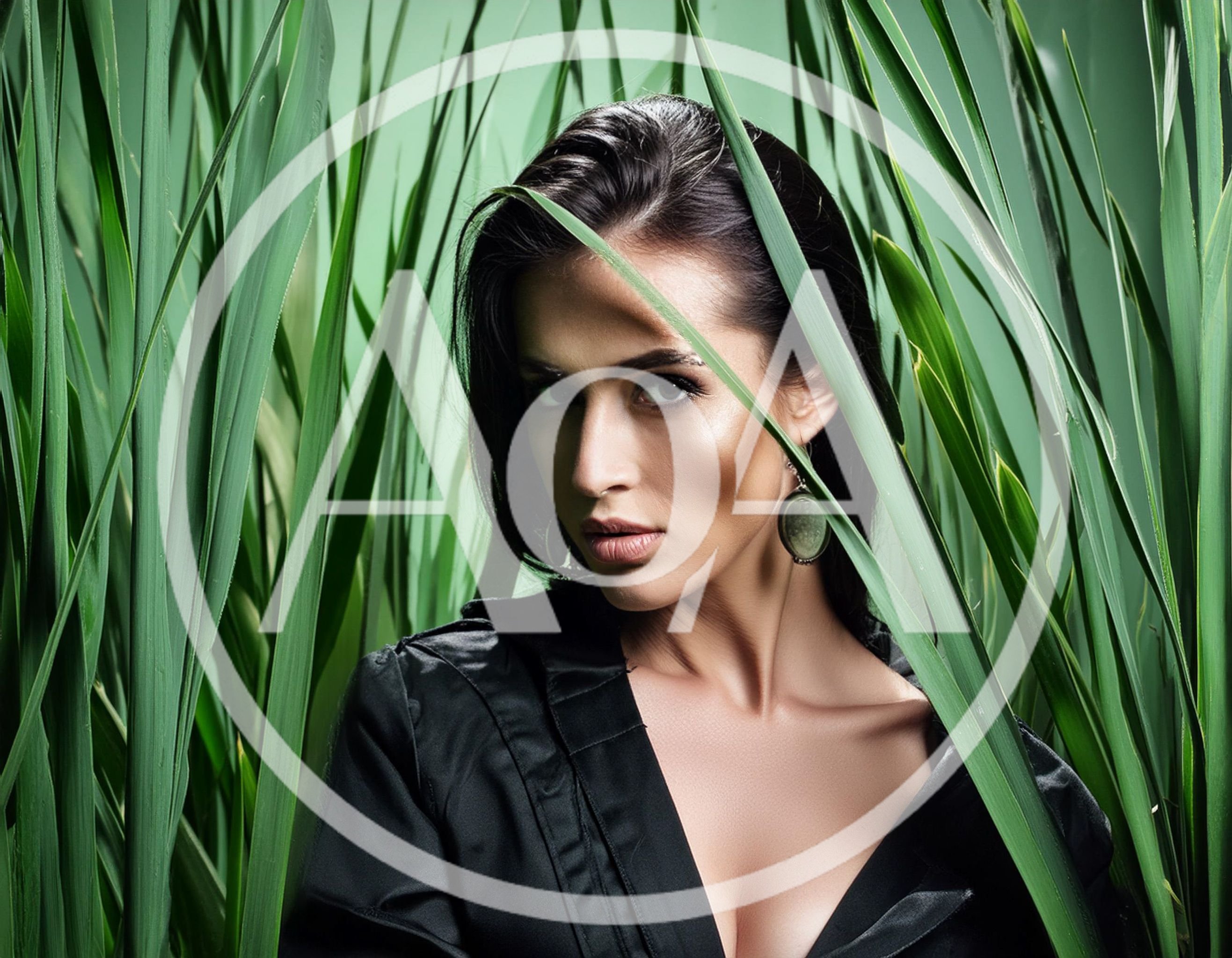 Portrait Of A Woman Peering Through Tall Green Reeds