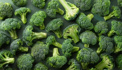 Fresh Green Broccoli Florets Arranged On Dark Background