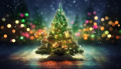 Illuminated Christmas Tree On Wooden Surface