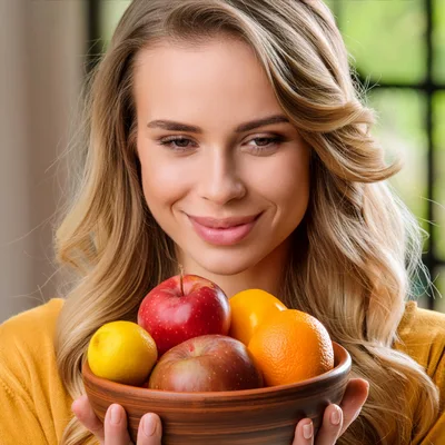 Young Woman Holding A Bowl Of Fresh Fruit