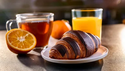 Chocolate Croissant Breakfast With Tea And Orange Juice