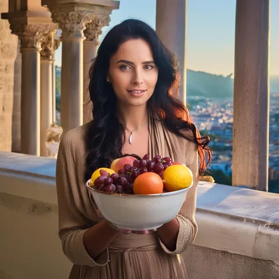 Elegant Woman Holding A Bowl Of Fresh Fruit