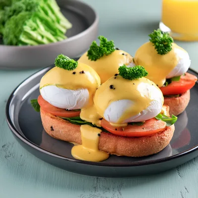 Gourmet Eggs Benedict With Tomato And Fresh Herbs