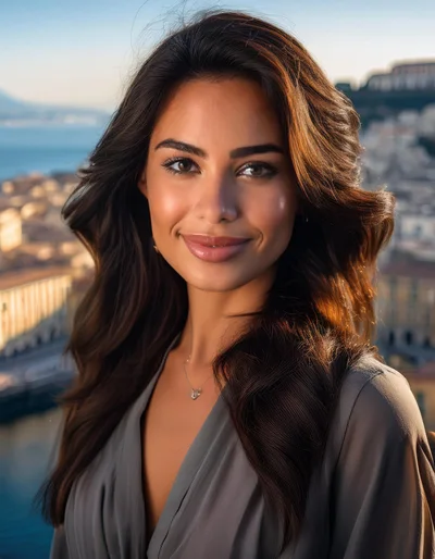 Portrait Of A Beautiful Woman Overlooking A Coastal City