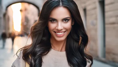Portrait Of A Smiling Woman With Long Dark Hair