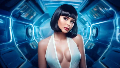 Futuristic Woman With Bob Haircut In Sci-Fi Corridor