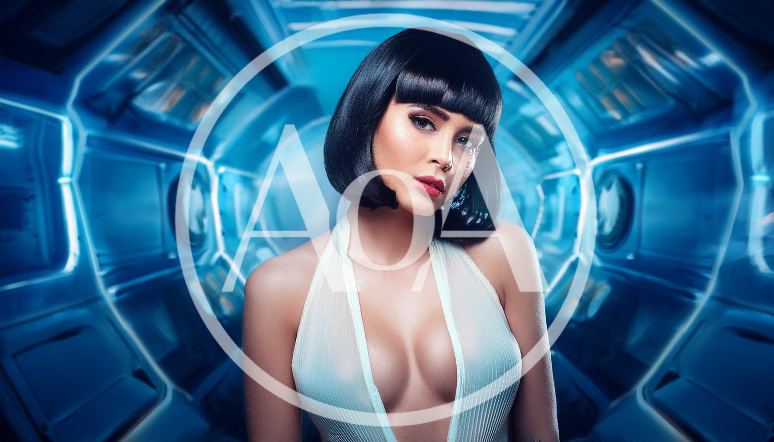 Futuristic Woman With Bob Haircut In Sci-Fi Corridor