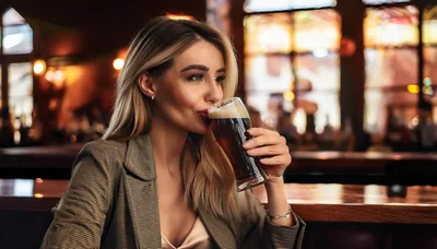 Elegant Woman Drinking Dark Beer at a Pub