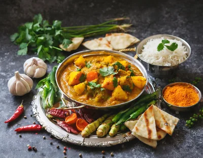 Traditional Indian Vegetable Curry Served With Rice And Naan