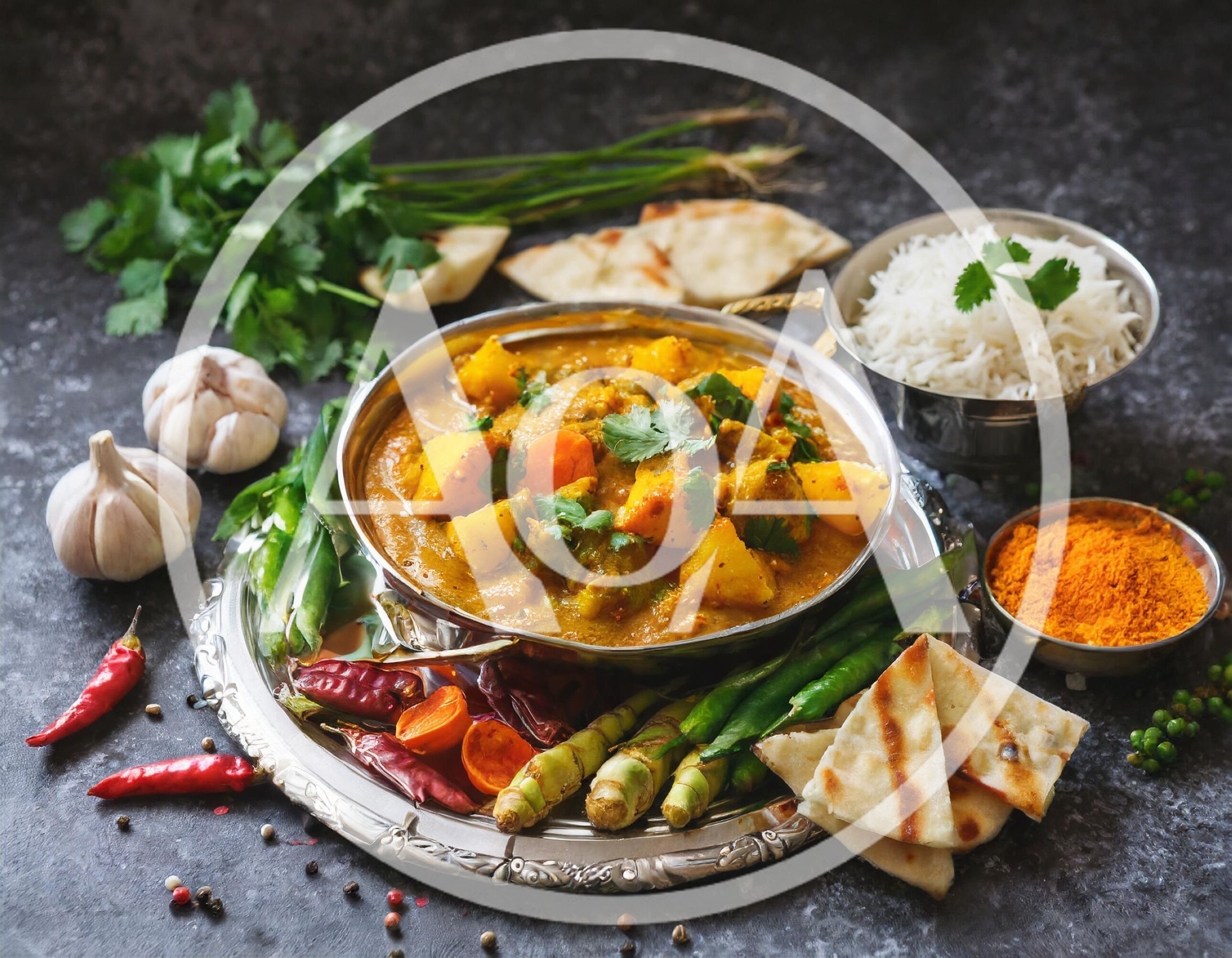 Traditional Indian Vegetable Curry Served With Rice And Naan