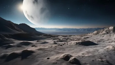 Surreal Alien Landscape With Large Moon Over Mountains
