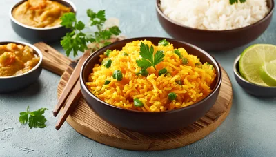Bowl Of Yellow Turmeric Rice With Peas