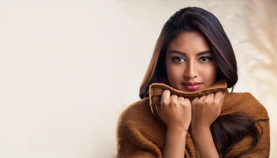 Young Woman Wearing A Cozy Brown Knitted Sweater