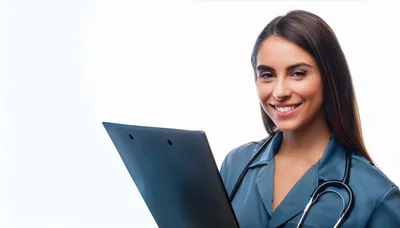 Smiling Female Doctor Holding A Clipboard
