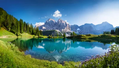 Scenic Alpine Lake With Mountain Reflection