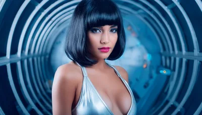 Futuristic Woman With Bob Haircut In Metallic Outfit
